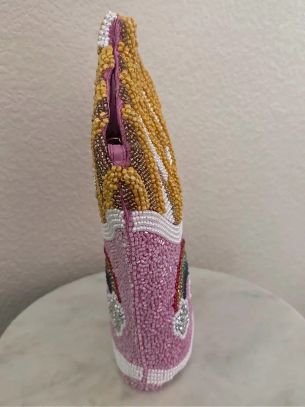Hand-Beaded Pink Crossbody Bag with Rainbow & Fries Motif